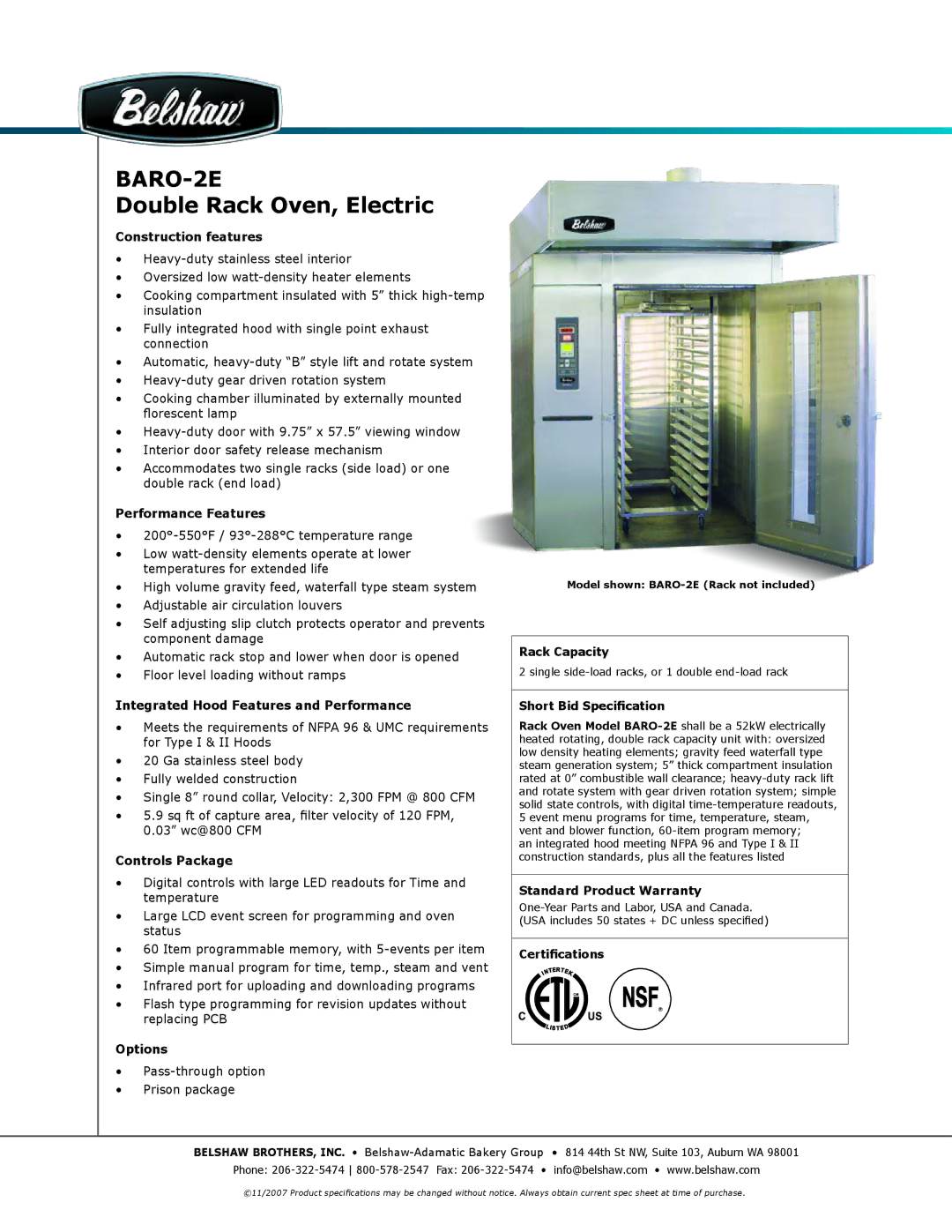 Belshaw Brothers BARO-2E warranty Construction features, Performance Features, Integrated Hood Features and Performance 