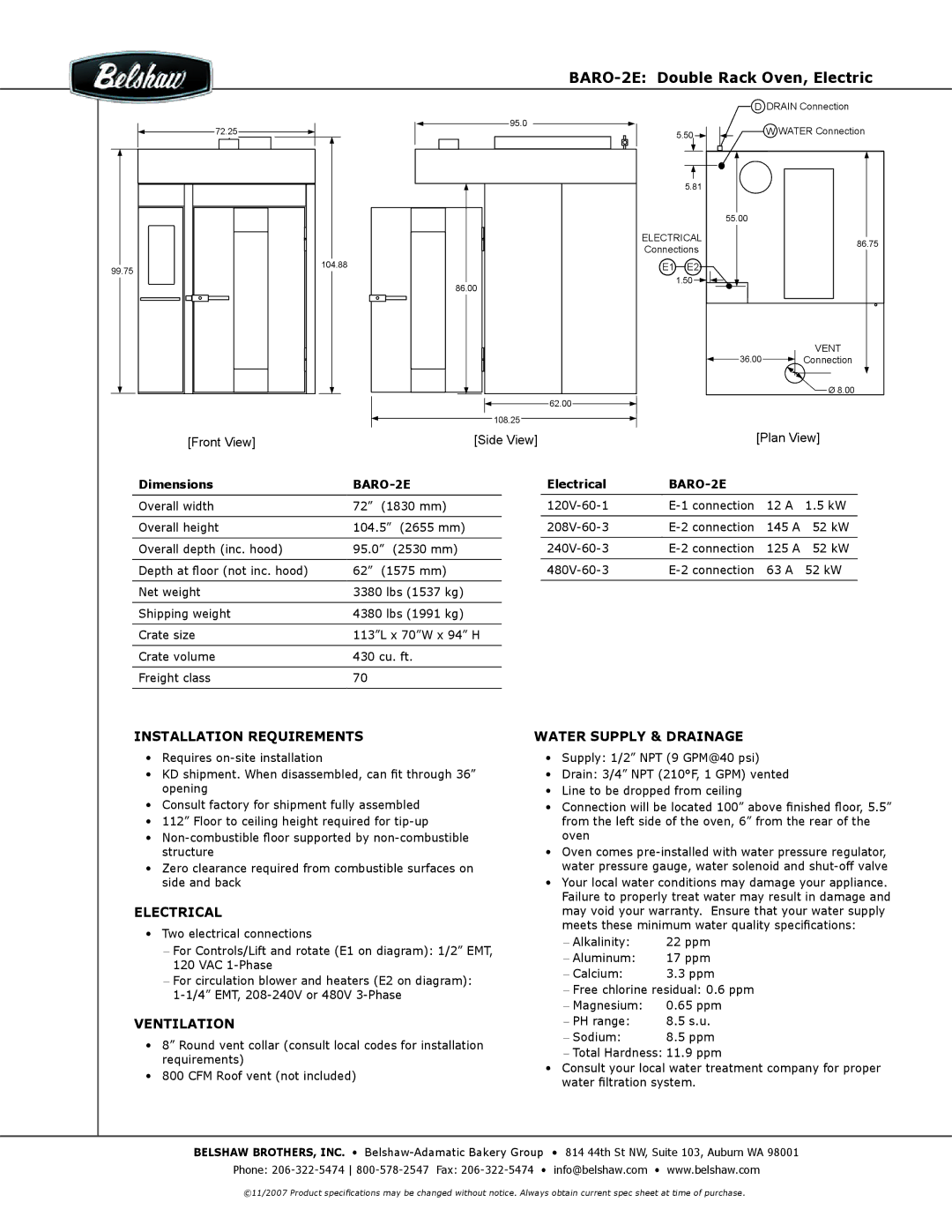 Belshaw Brothers BARO-2E warranty Installation REQUIREMENTs, Electrical, Ventilation, Water Supply & drainage 