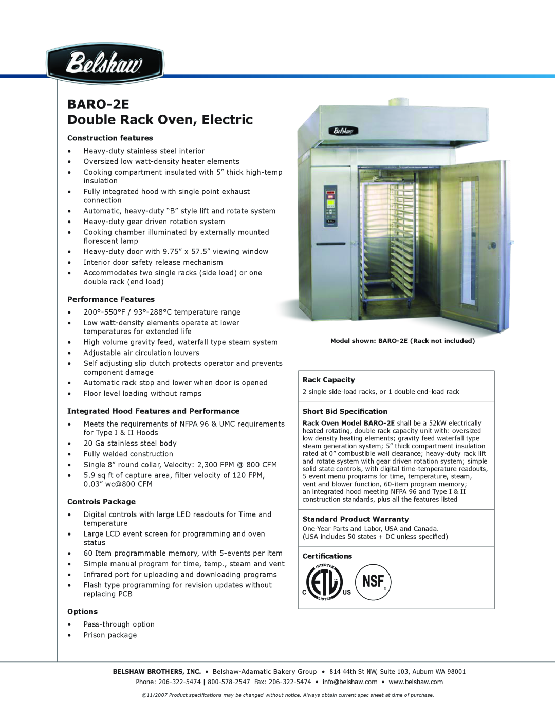 Belshaw Brothers BARO-2E warranty Construction features, Performance Features, Integrated Hood Features and Performance 