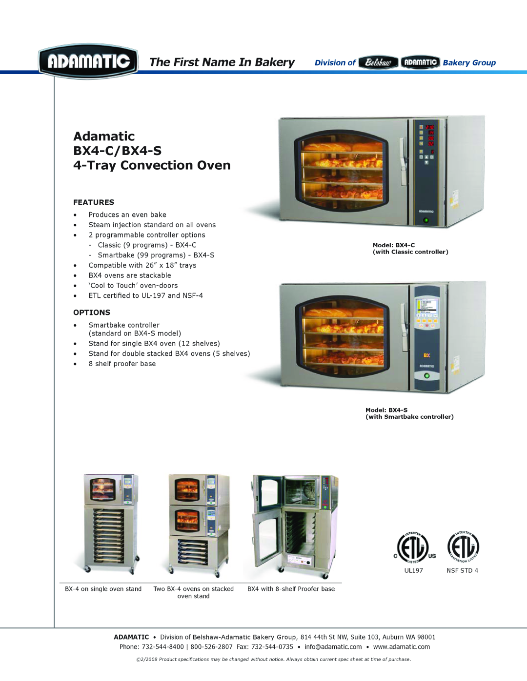 Belshaw Brothers manual Features, Options, Adamatic BX4-C/BX4-S 4-TrayConvection Oven 