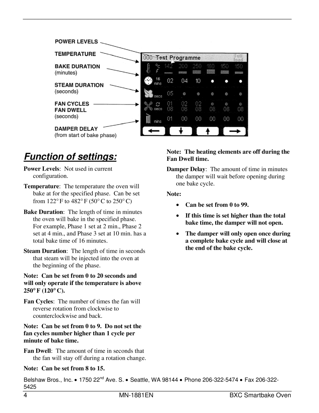 Belshaw Brothers BXC Smartbake manual Function of settings 