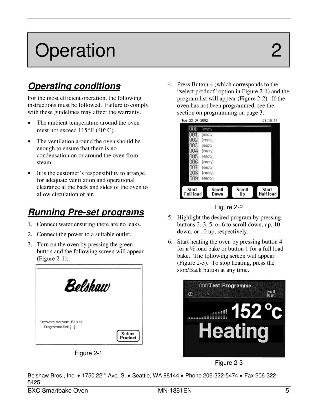 Belshaw Brothers BXC Smartbake manual Operation2, Operating conditions, Running Pre-set programs 