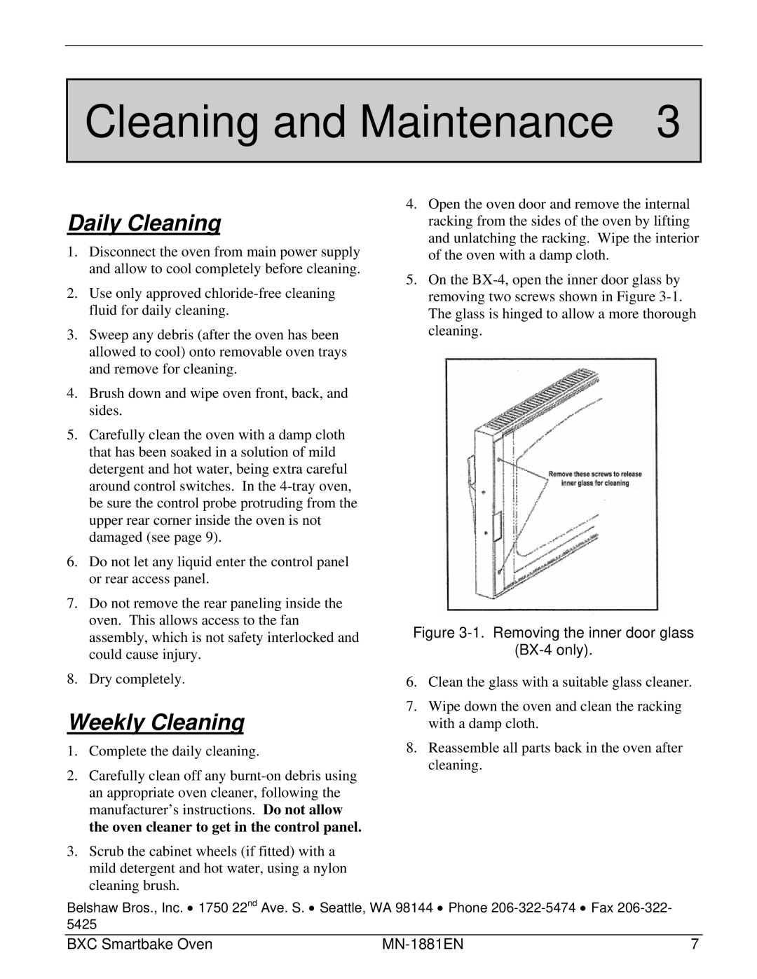 Belshaw Brothers BXC Smartbake manual Cleaning and Maintenance, Daily Cleaning, Weekly Cleaning 