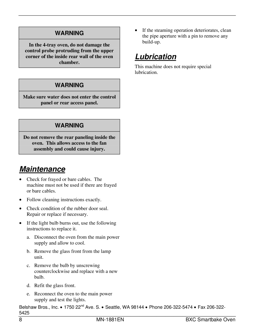 Belshaw Brothers BXC Smartbake manual Lubrication, Maintenance 