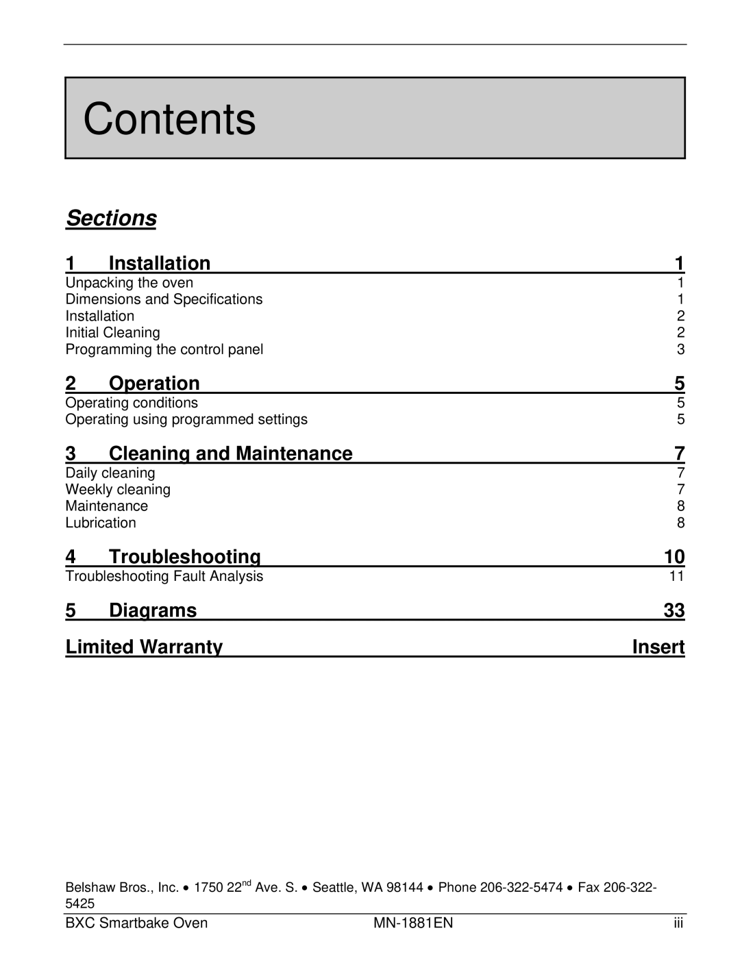 Belshaw Brothers BXC Smartbake manual Contents 