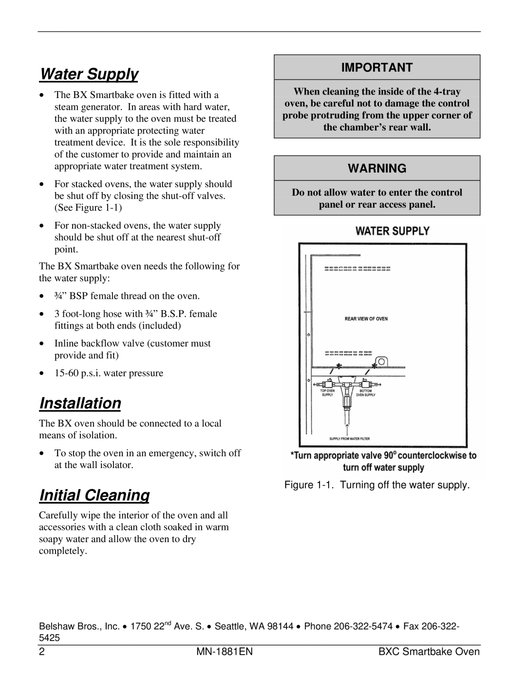 Belshaw Brothers BXC Smartbake manual Water Supply, Installation, Initial Cleaning 