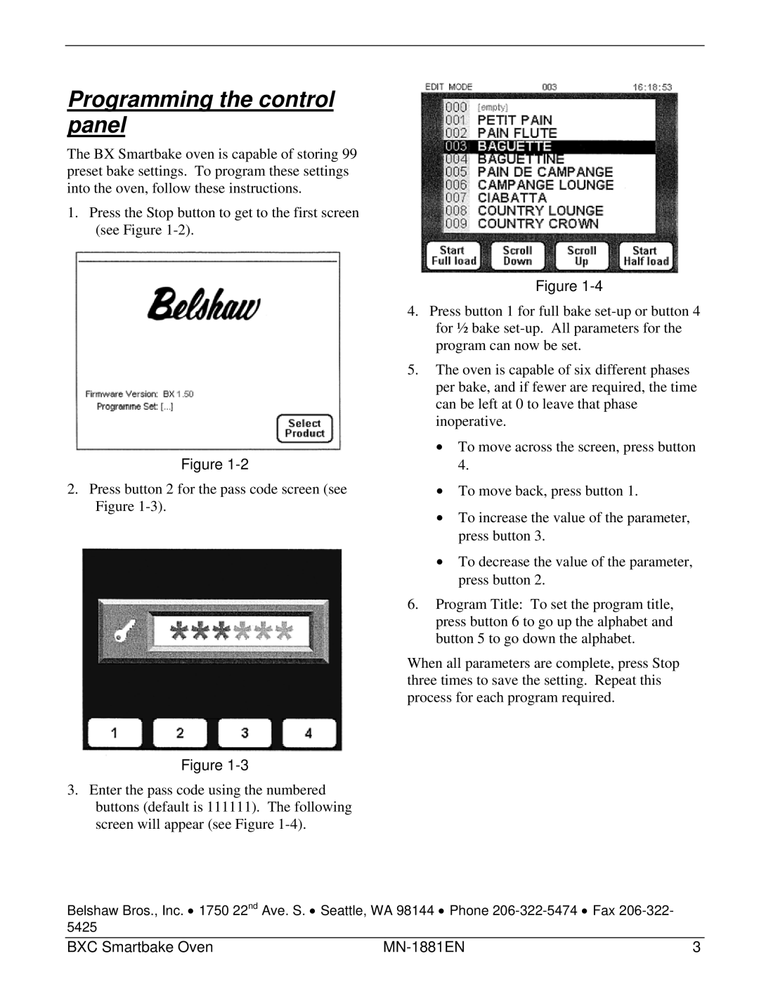 Belshaw Brothers BXC Smartbake manual Programming the control panel 