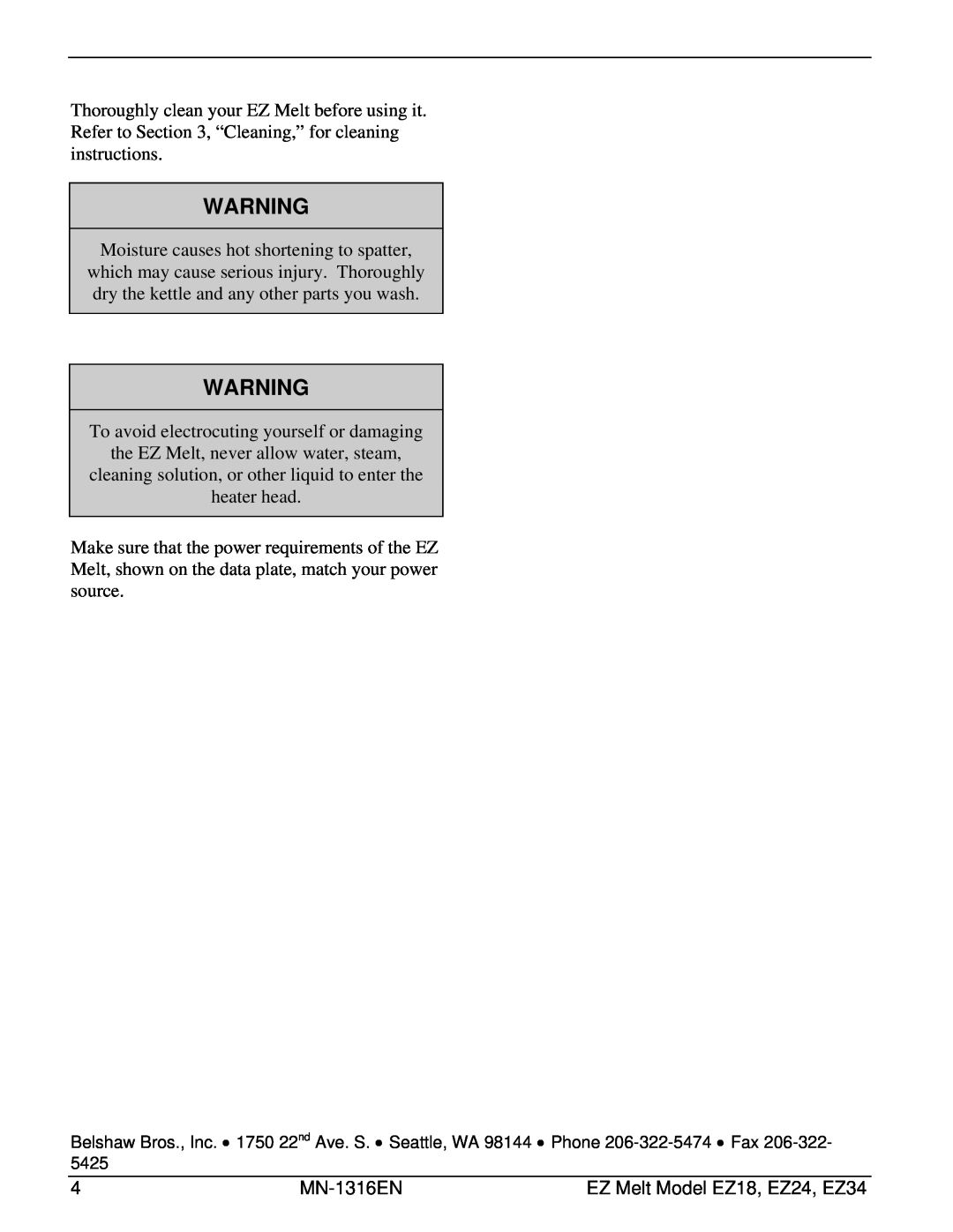 Belshaw Brothers EZ24, EZ34, EZ18 manual To avoid electrocuting yourself or damaging 