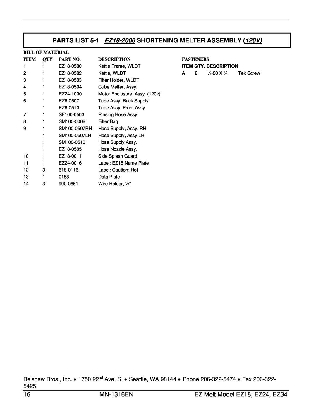 Belshaw Brothers manual MN-1316EN, EZ Melt Model EZ18, EZ24, EZ34, Bill Of Material, Description, Fasteners 
