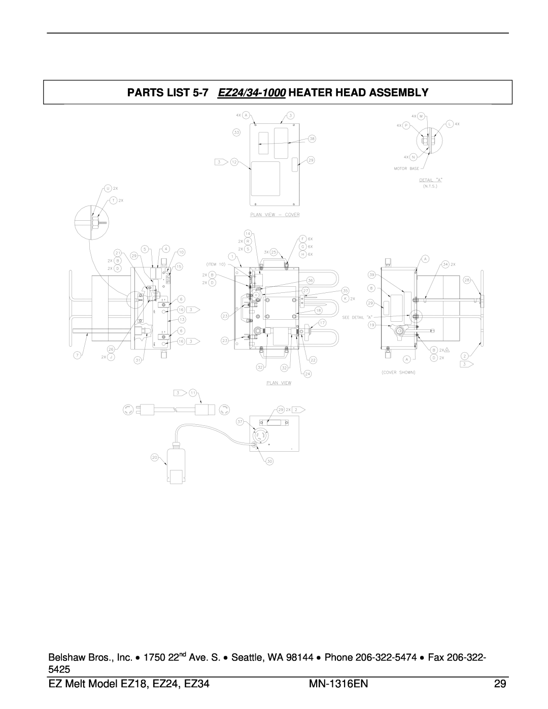 Belshaw Brothers manual PARTS LIST 5-7 EZ24/34-1000HEATER HEAD ASSEMBLY, EZ Melt Model EZ18, EZ24, EZ34, MN-1316EN 