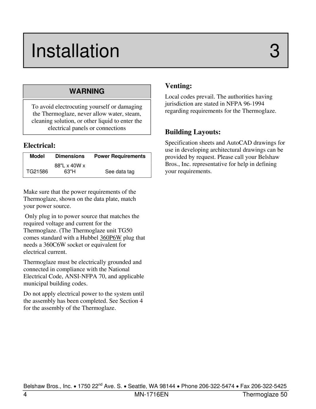 Belshaw Brothers TG 50 manual Installation3, Electrical 