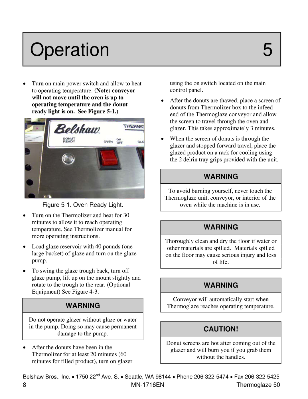 Belshaw Brothers TG 50 manual Operation5, Oven Ready Light 