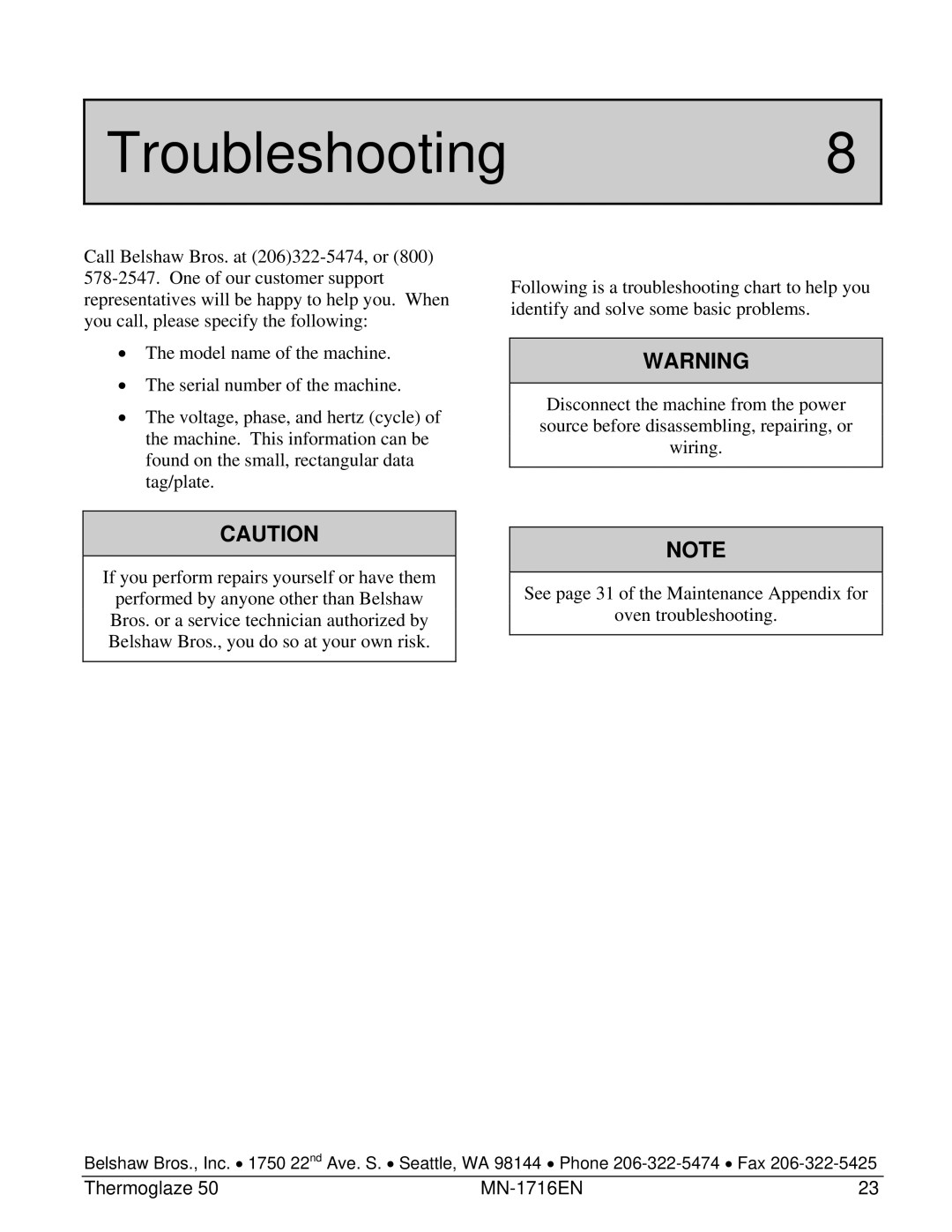 Belshaw Brothers TG 50 manual Troubleshooting8 