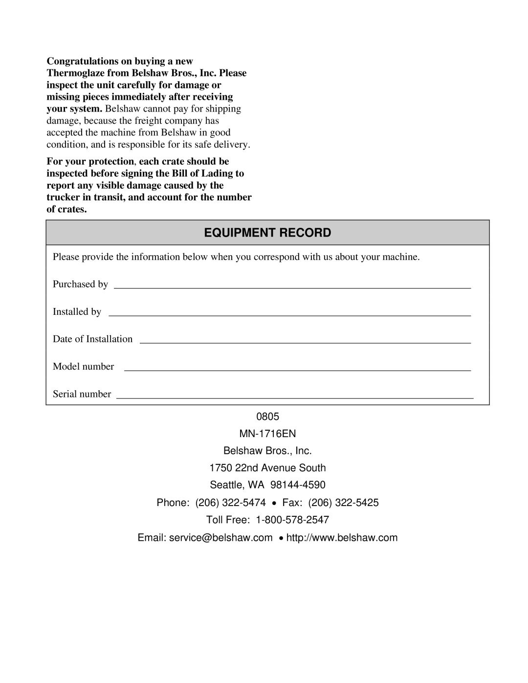 Belshaw Brothers TG 50 manual Equipment Record 