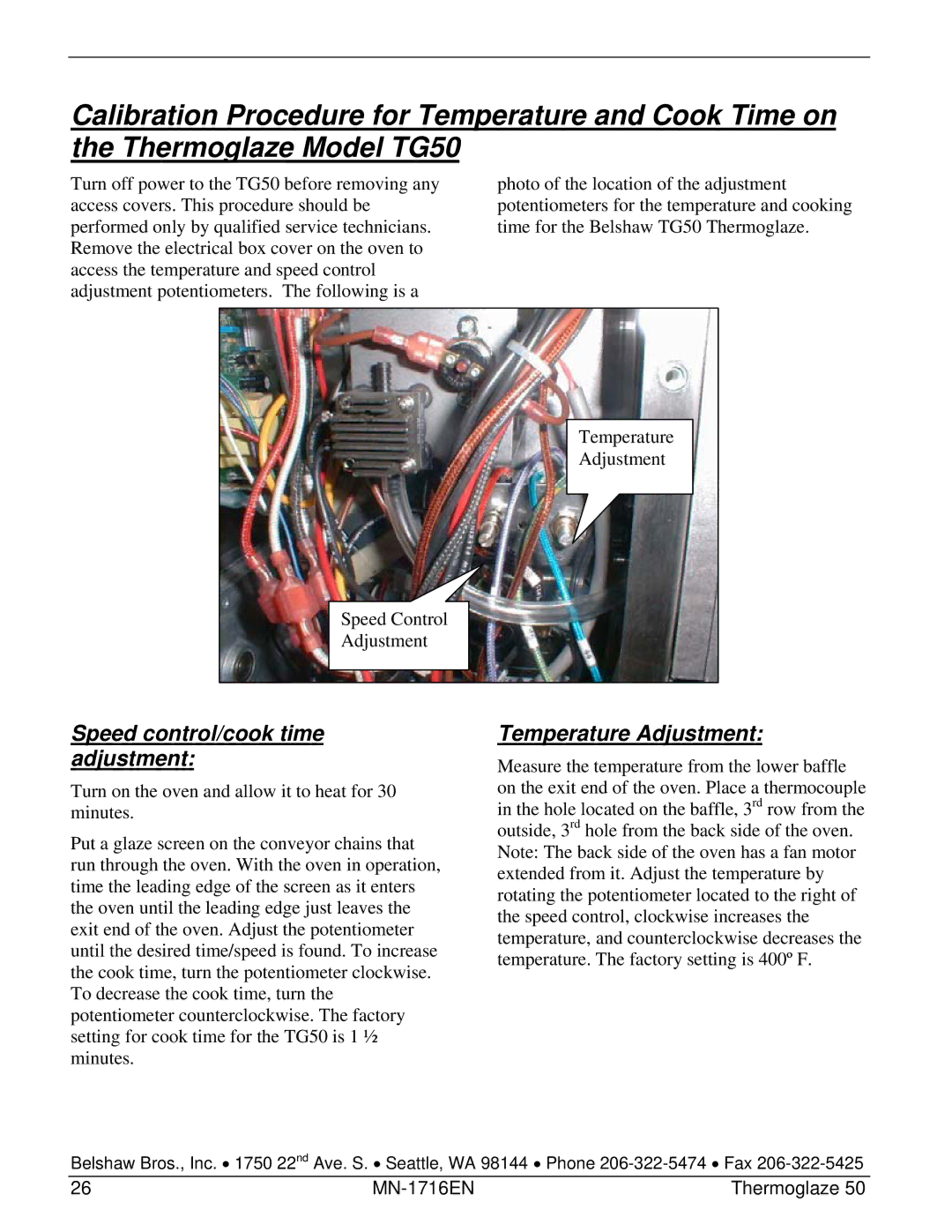 Belshaw Brothers TG 50 manual Speed control/cook time adjustment 