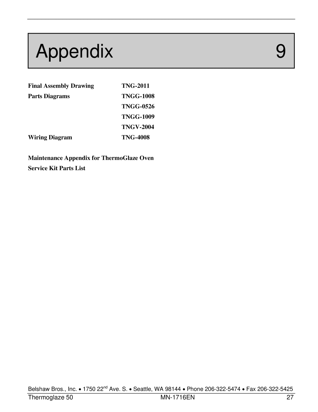 Belshaw Brothers TG 50 manual Appendix9 