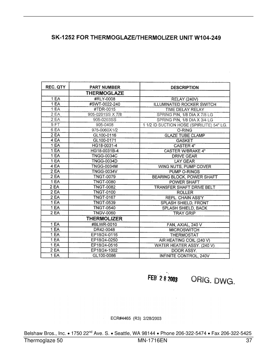 Belshaw Brothers TG 50 manual Thermoglaze MN-1716EN 