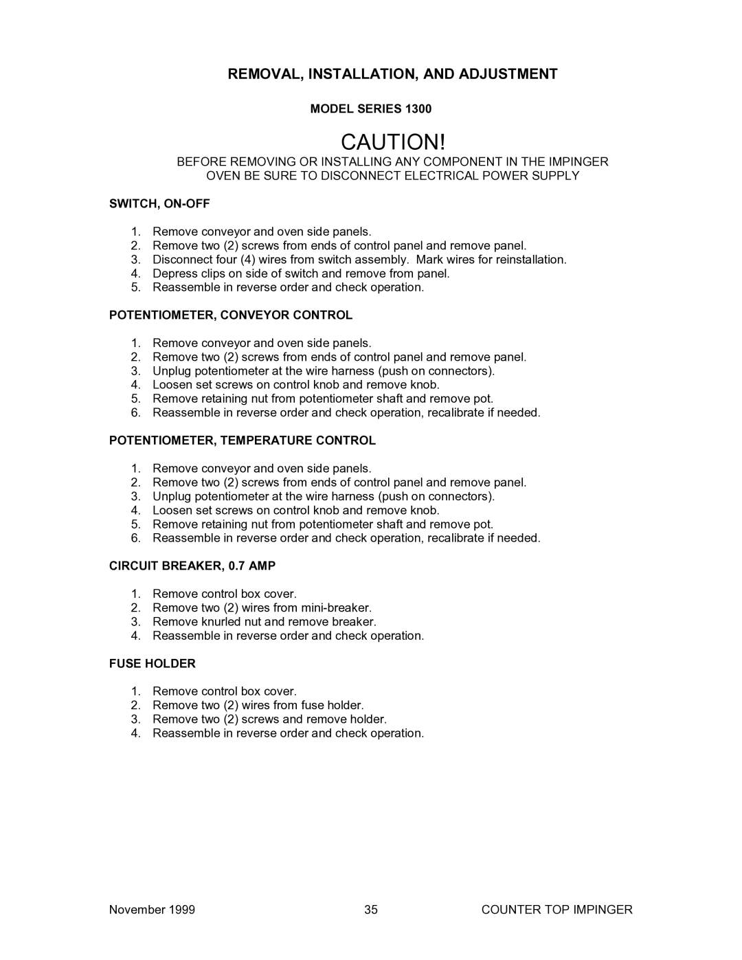 Belshaw Brothers TG 50 manual REMOVAL, INSTALLATION, and Adjustment, Model Series 