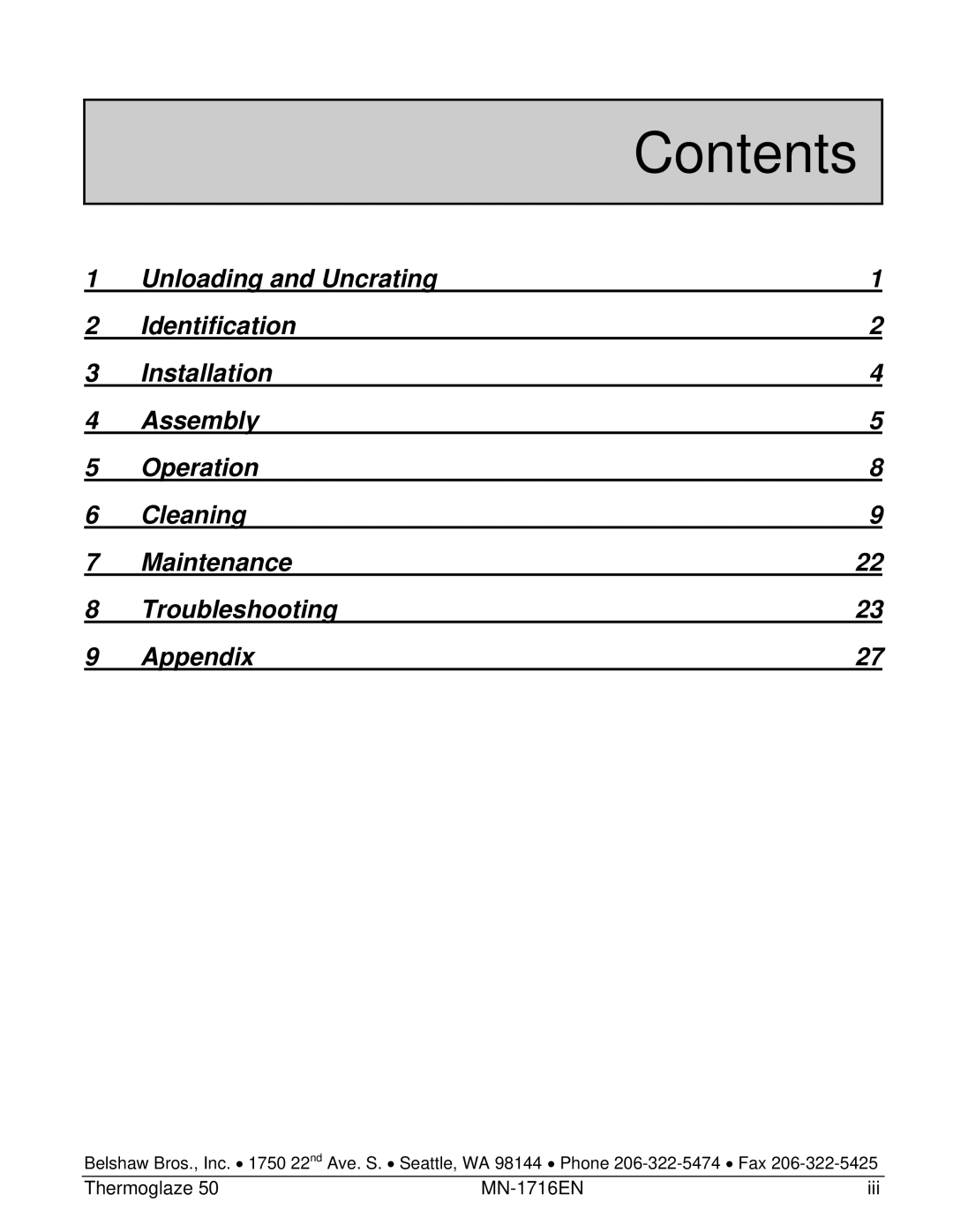 Belshaw Brothers TG 50 manual Contents 