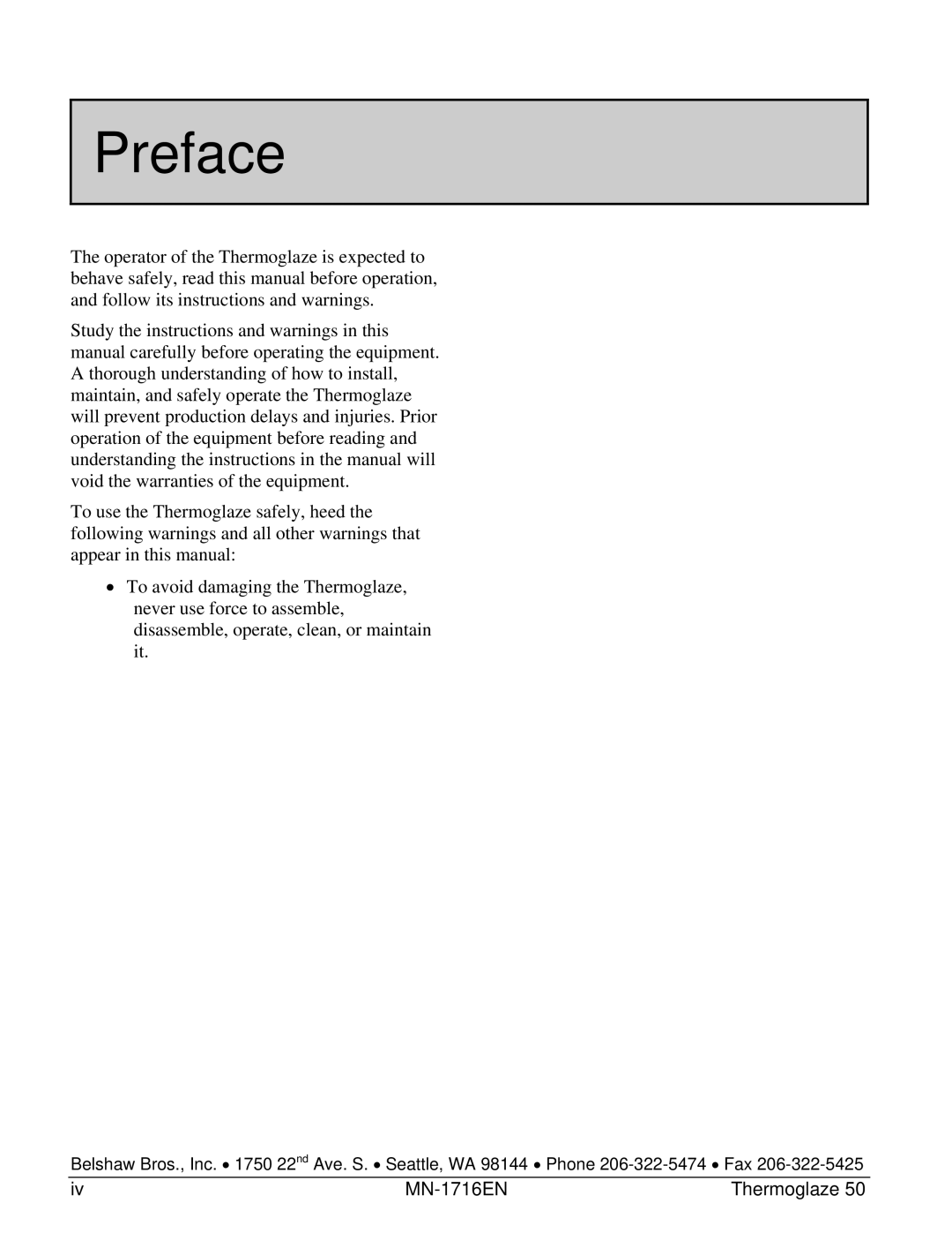 Belshaw Brothers TG 50 manual Preface 