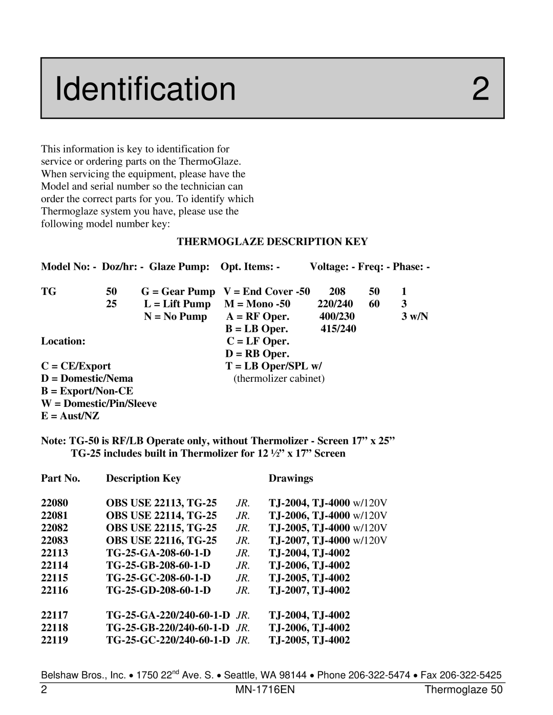 Belshaw Brothers TG 50 manual Identification2, Thermoglaze Description KEY 