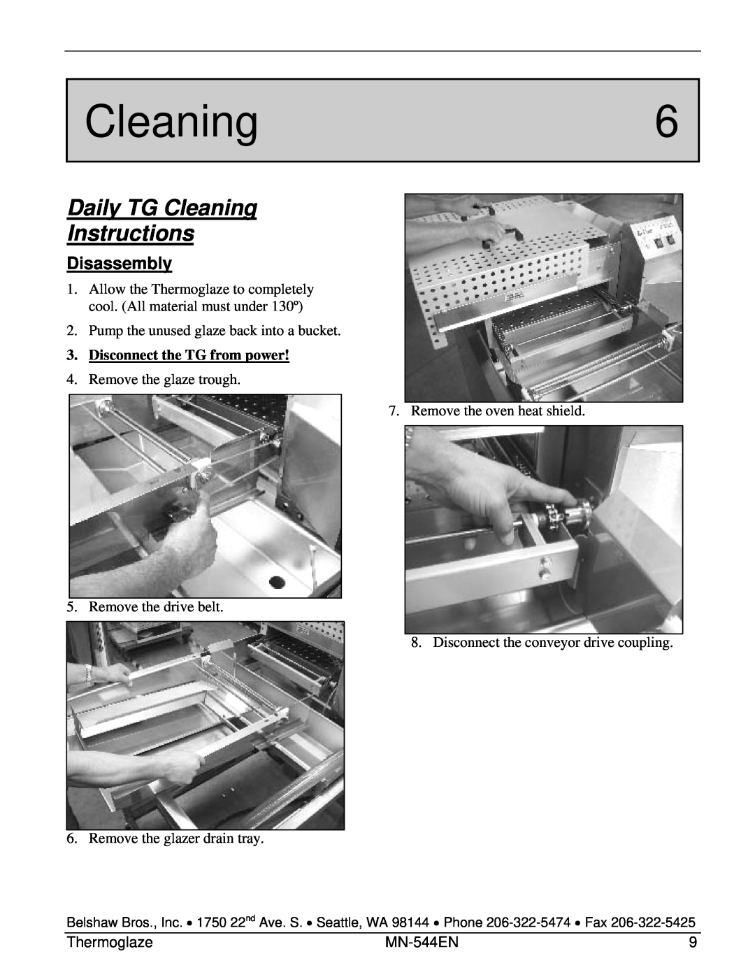 Belshaw Brothers TG 50 manual Cleaning6, Daily TG Cleaning Instructions, Disassembly 