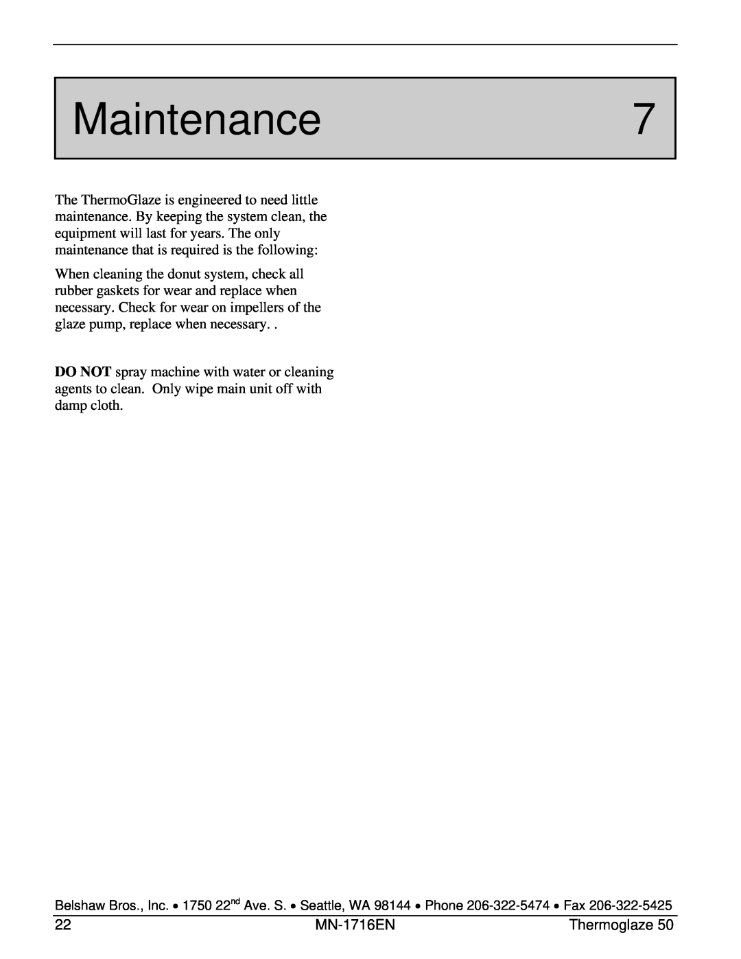 Belshaw Brothers TG 50 manual Maintenance7 