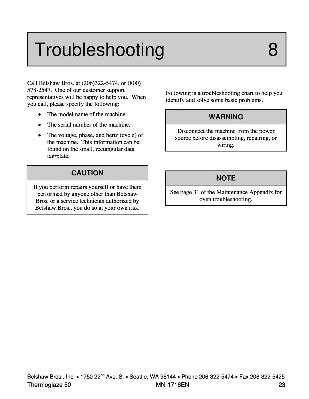 Belshaw Brothers TG 50 manual Troubleshooting8 