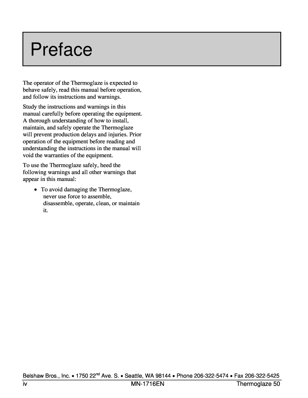 Belshaw Brothers TG 50 manual Preface 