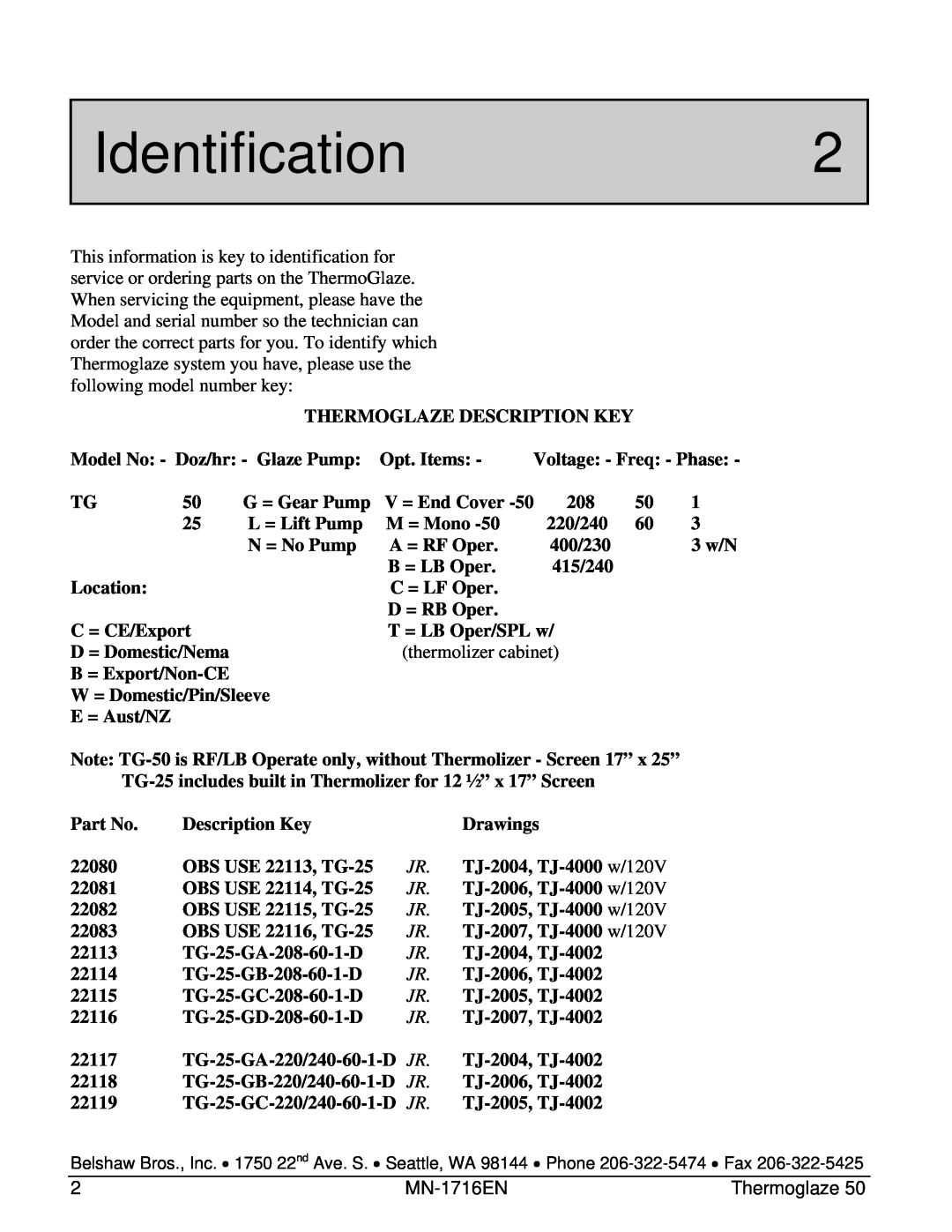 Belshaw Brothers TG 50 manual Identification2, MN-1716EN, Thermoglaze 