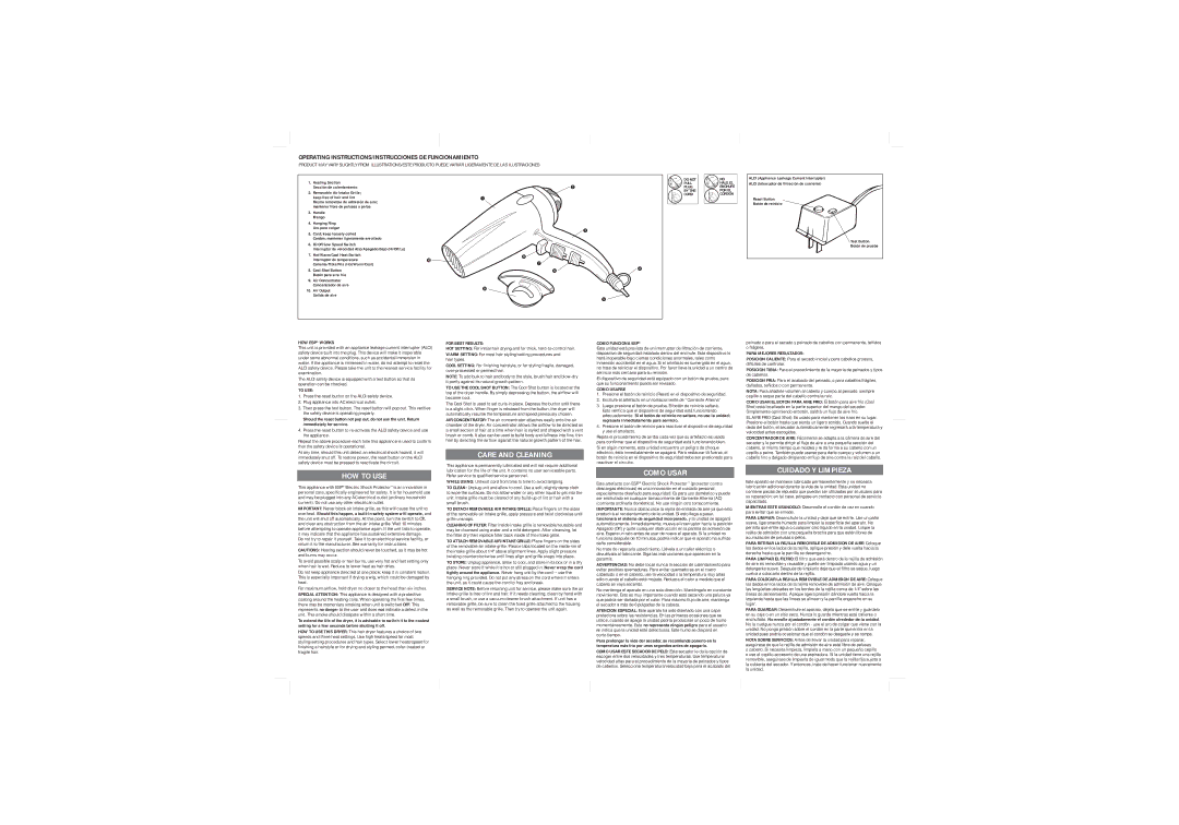 Belson ESP operating instructions HOW to USE, Care and Cleaning, Como Usar, Cuidado Y Limpieza 