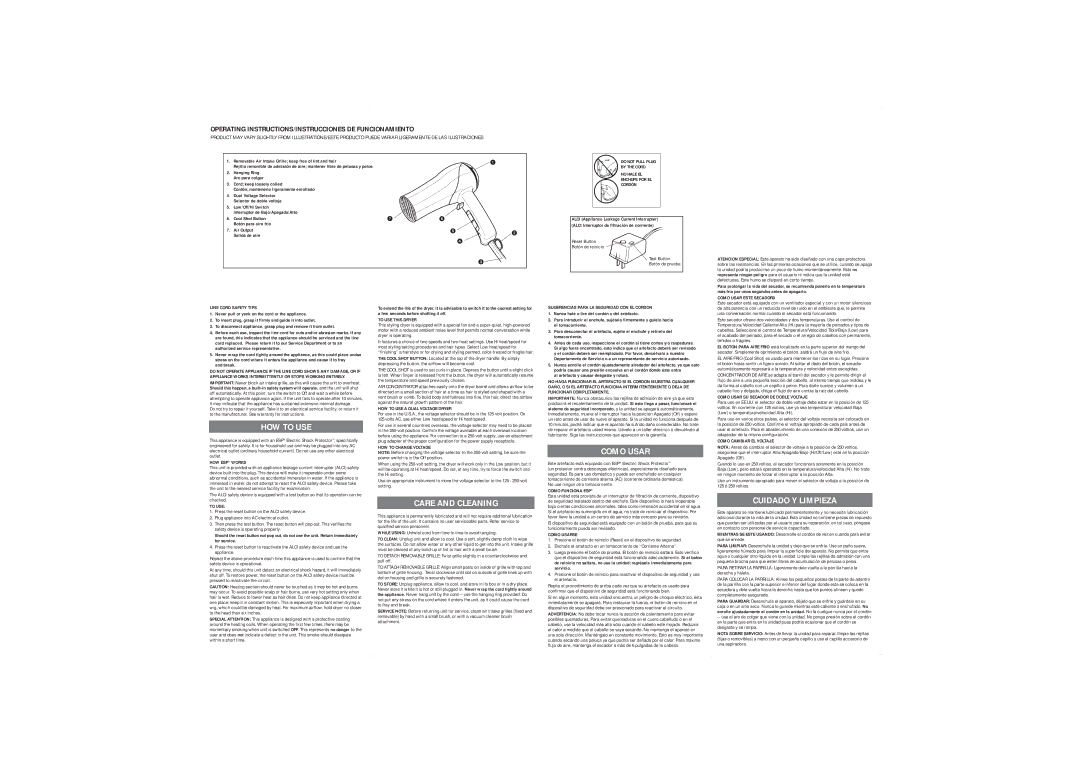 Belson SC-18 operating instructions HOW to USE, Care and Cleaning, Como Usar, Cuidado Y Limpieza 