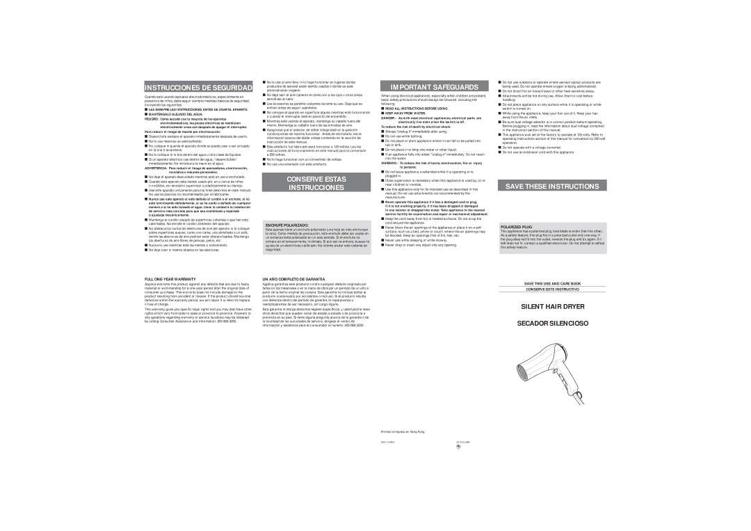 Belson SC-18 operating instructions Full ONE-YEAR Warranty, Enchufe Polarizado, UN AÑO Completo DE Garantia, Polarized Plug 