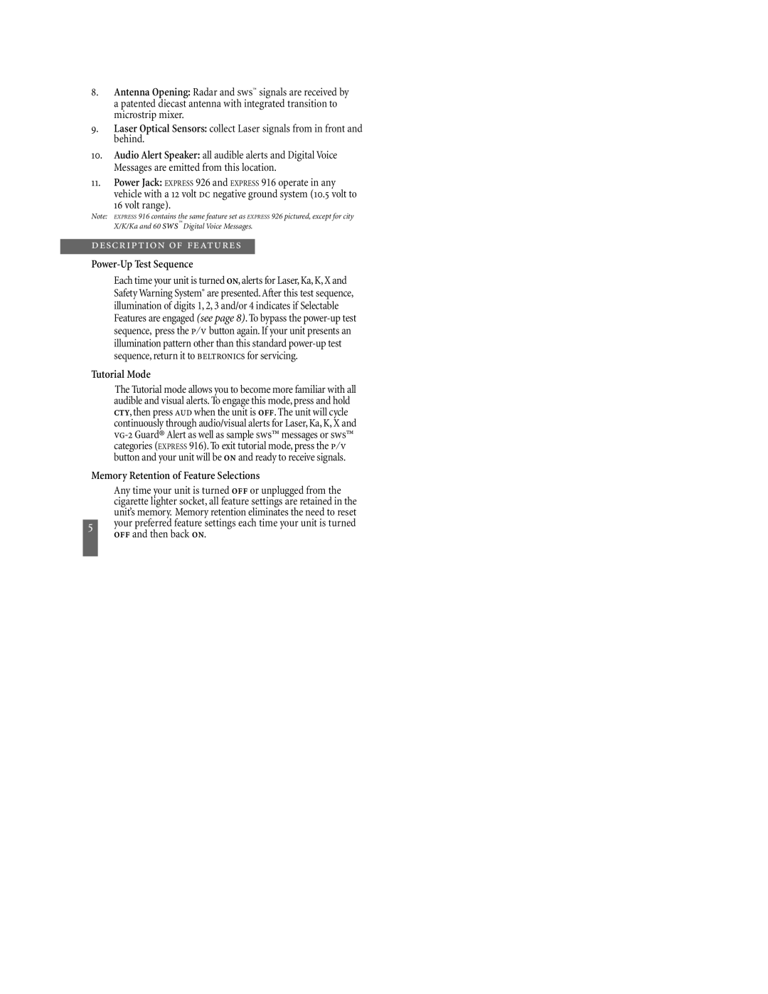 Beltronics 926, Beltronics Express, 916 manual Description of features, Volt range, Power-Up Test Sequence, Tutorial Mode 