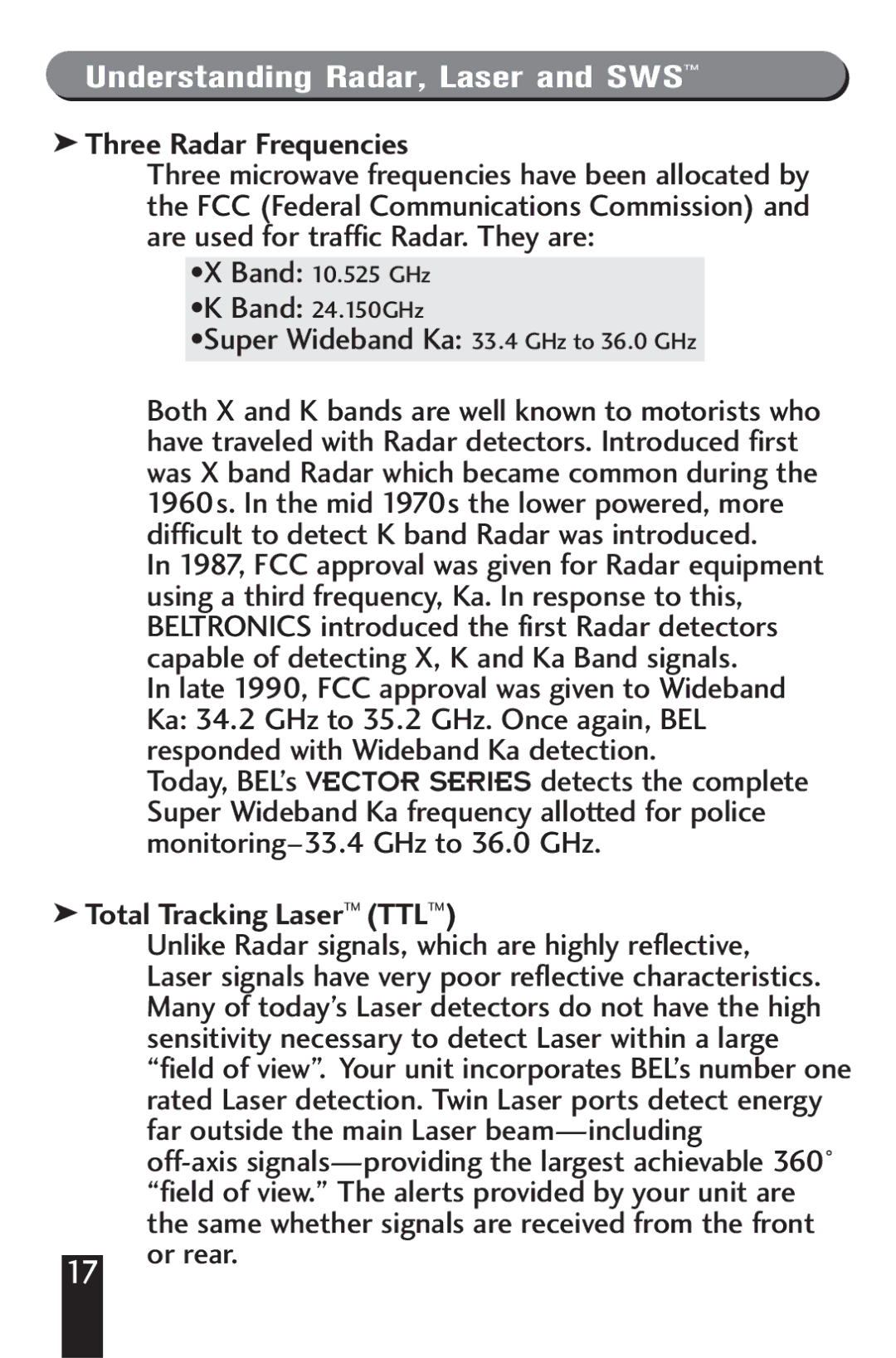 Beltronics VECTOR 960, 940 manual Understanding Radar, Laser and SWS, Three Radar Frequencies, Total Tracking Laser TTL 