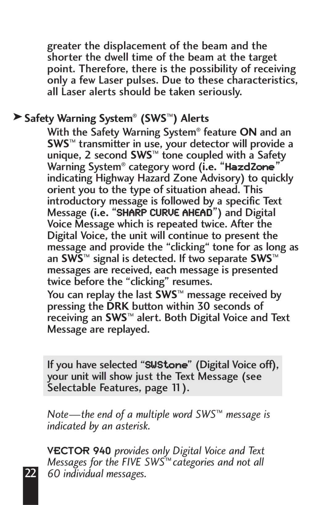 Beltronics 940, VECTOR 960 manual Safety Warning System SWS Alerts 