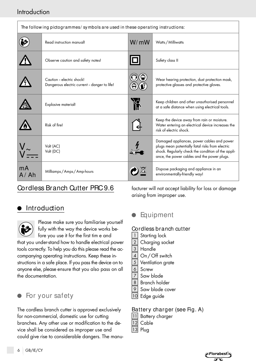 Bench 32PFL7582D manual Cordless Branch Cutter PRC Introduction, For your safety, Equipment 