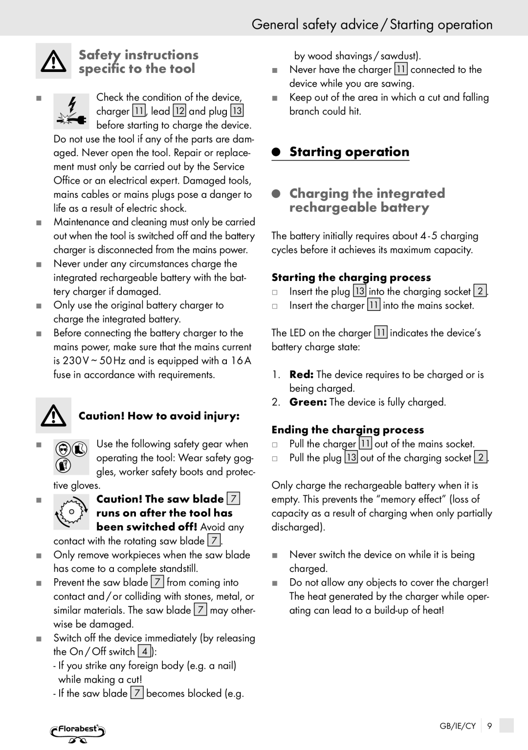 Bench 32PFL7582D manual General safety advice / Starting operation, Safety instructions specific to the tool 