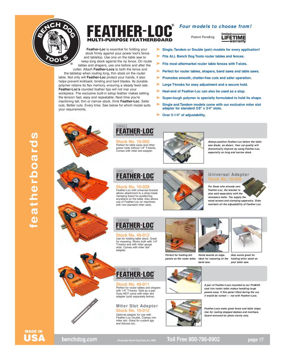 Bench Dog Tools Acrylic ProPlate, Aluminum ProPlates, Phenolic ProPlates manual Featherboards, Four models to choose from 