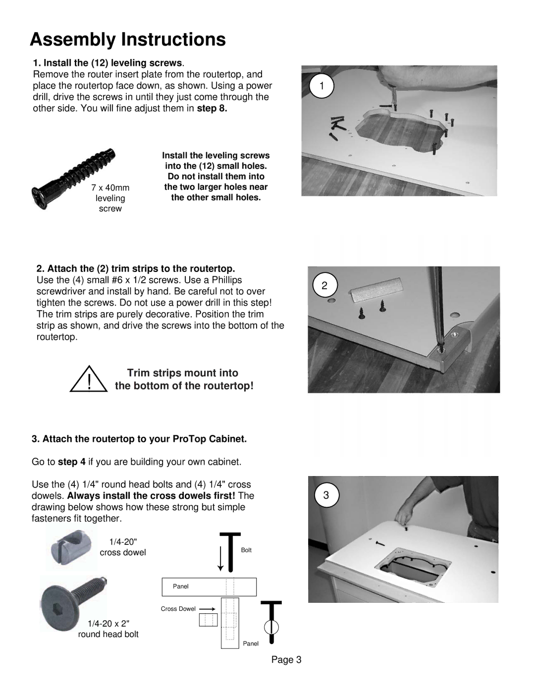 Bench Dog Tools RT400 manual Install the 12 leveling screws, Attach the routertop to your ProTop Cabinet 