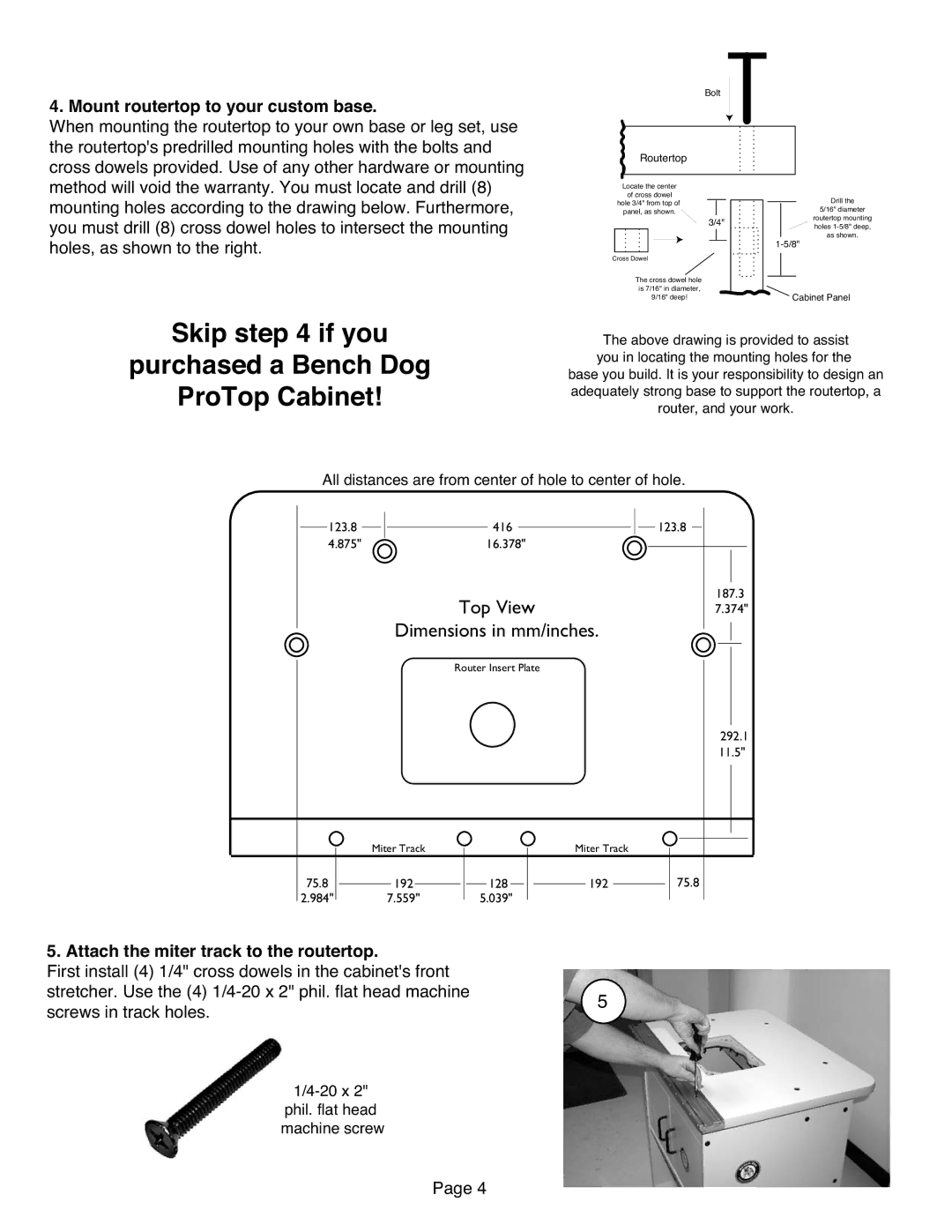 Bench Dog Tools RT400 manual Mount routertop to your custom base, Attach the miter track to the routertop 