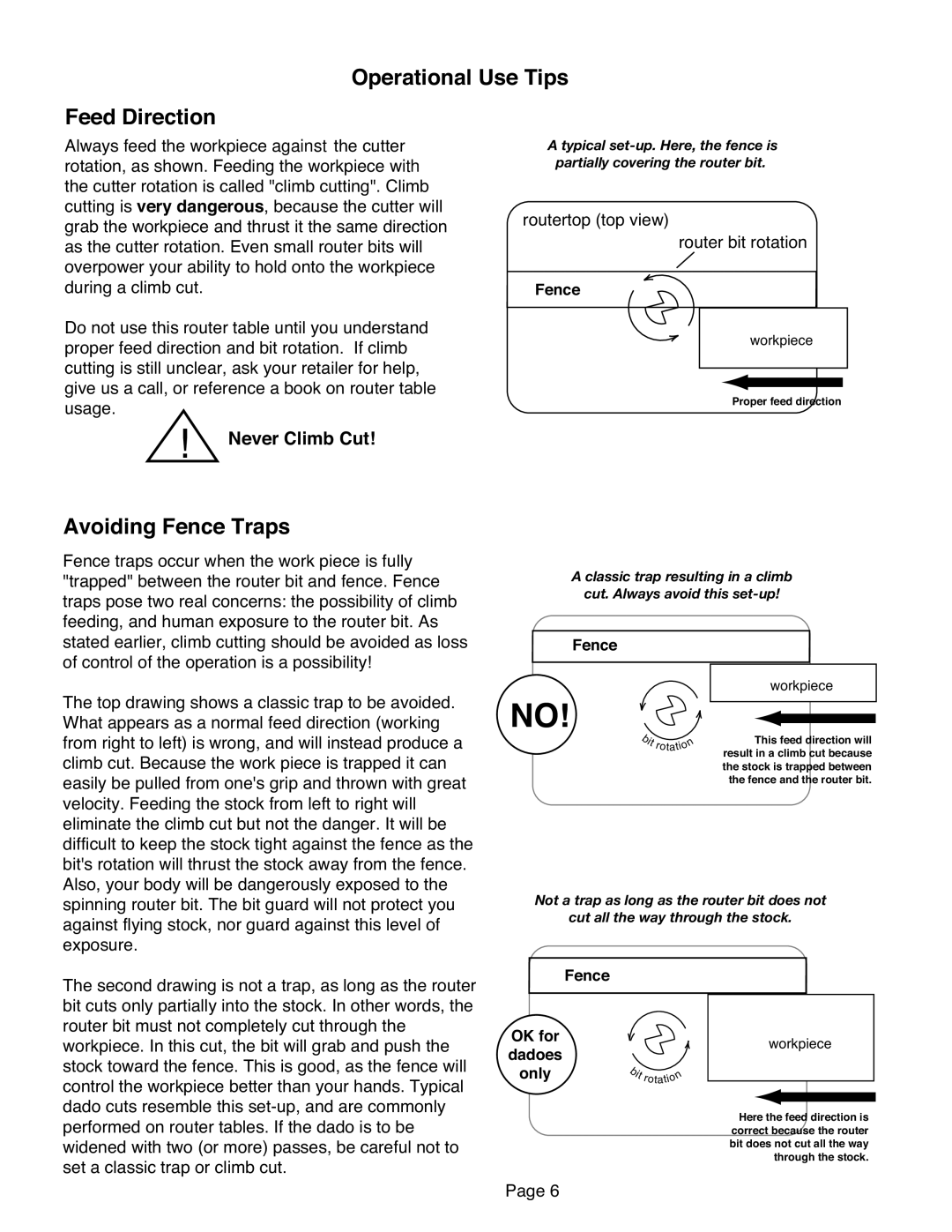 Bench Dog Tools RT400 manual Operational Use Tips Feed Direction, Avoiding Fence Traps, Fence OK for Dadoes, Only 