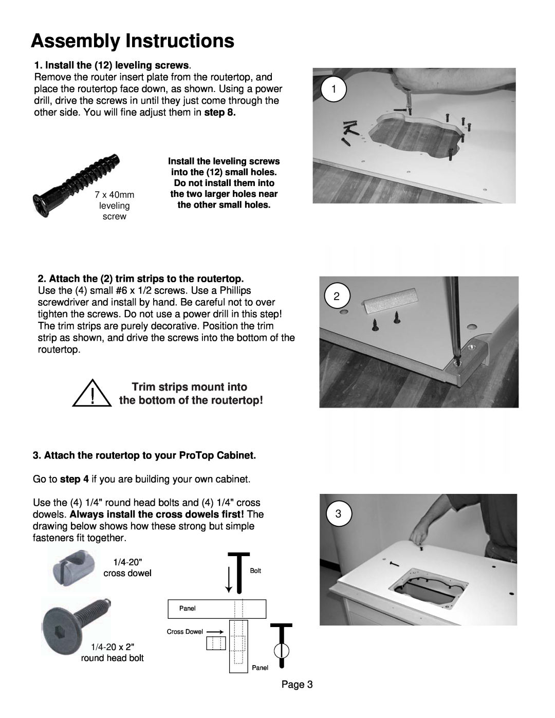 Bench Dog Tools RT400 manual Assembly Instructions, Trim strips mount into the bottom of the routertop 
