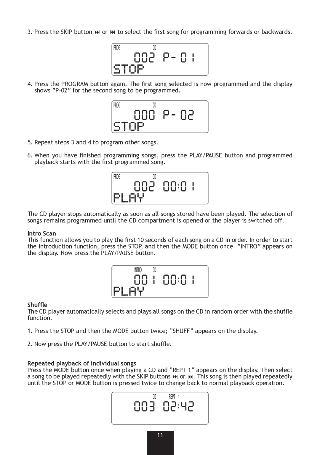 Bench KH 4438 operating instructions Intro Scan, Shufe, Repeated playback of individual songs 