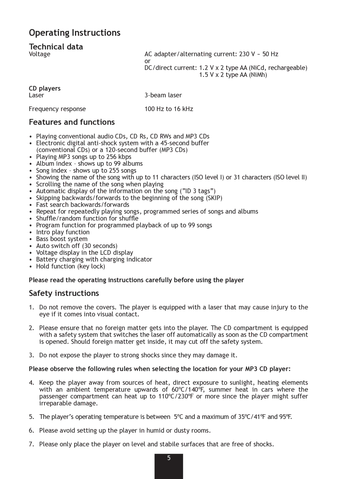 Bench KH 4438 operating instructions Technical data, Features and functions, Safety instructions, CD players 