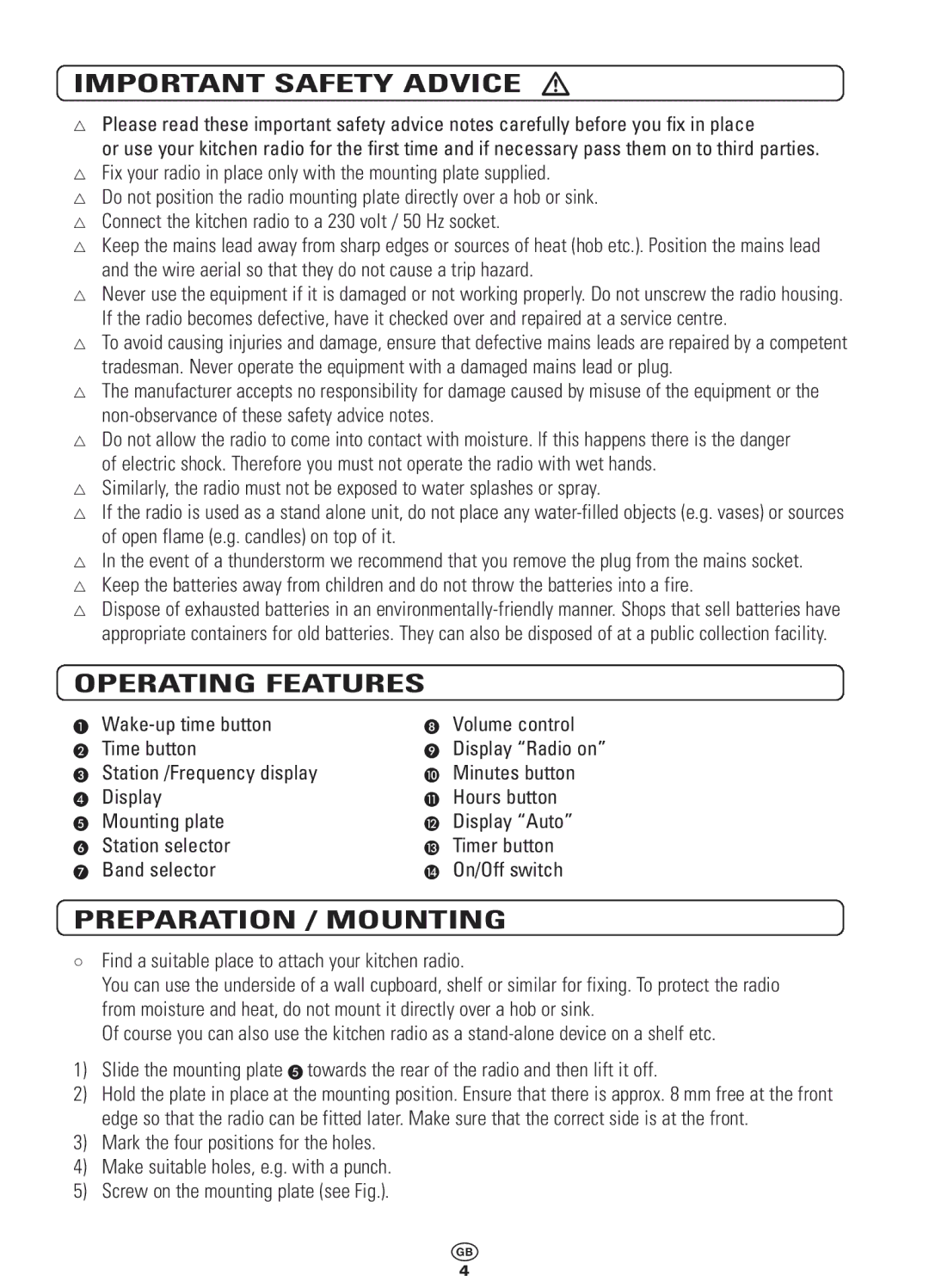 Bench KH 994 manual Important Safety Advice, Operating Features, Preparation / Mounting 