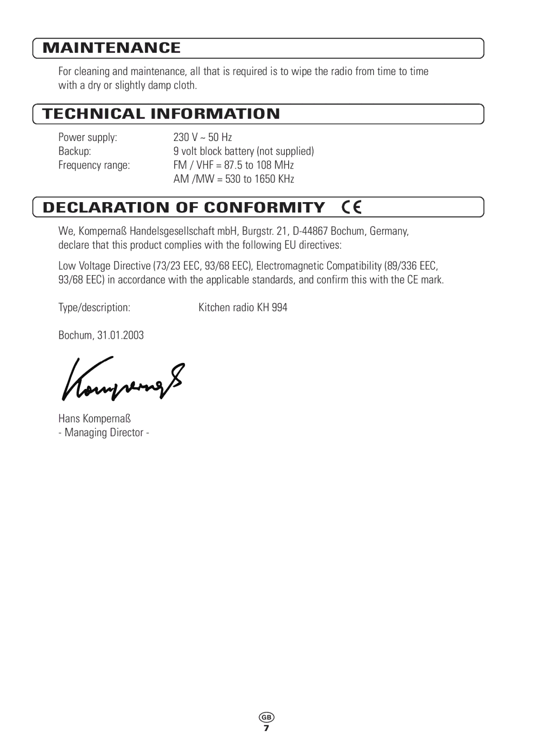 Bench KH 994 manual Maintenance, Technical Information, Declaration of Conformity 