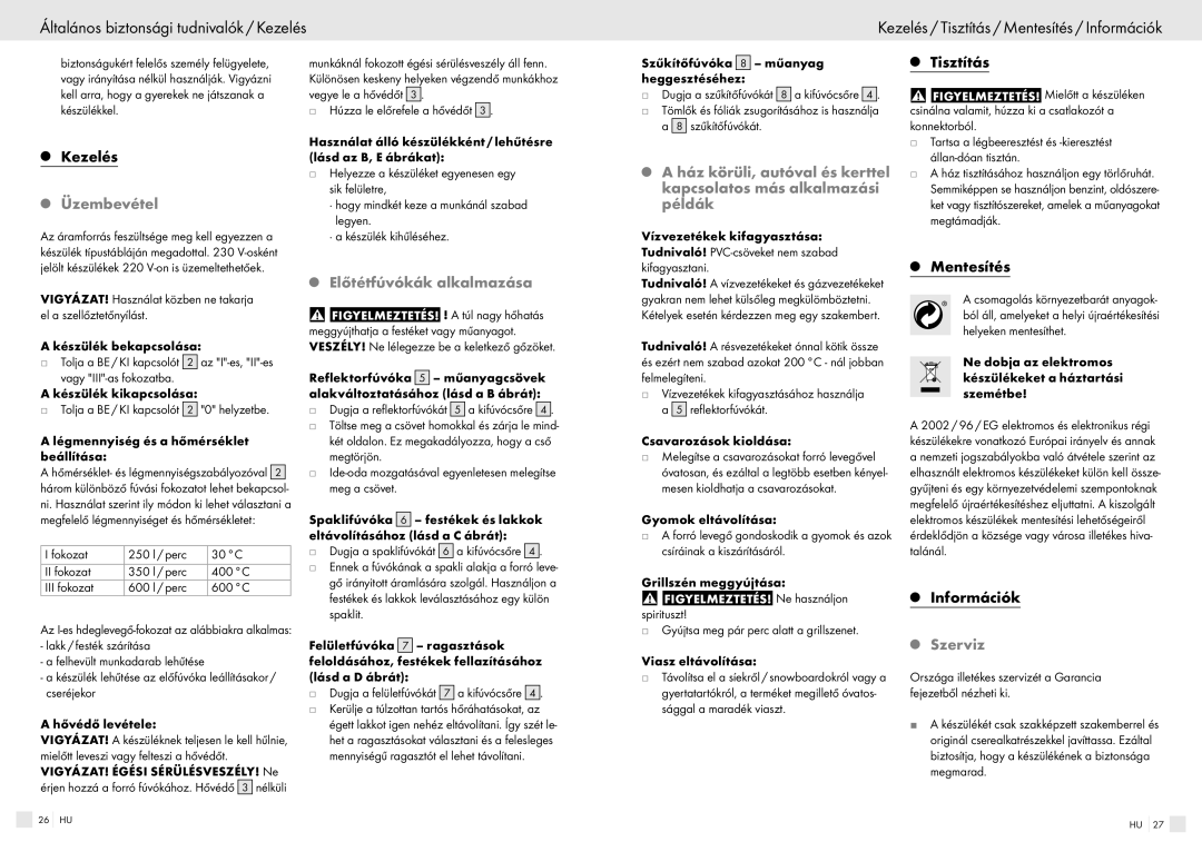 Bench PHLG600 manual Üzembevétel, Előtétfúvókák alkalmazása, Tisztítás, Mentesítés, Szerviz 