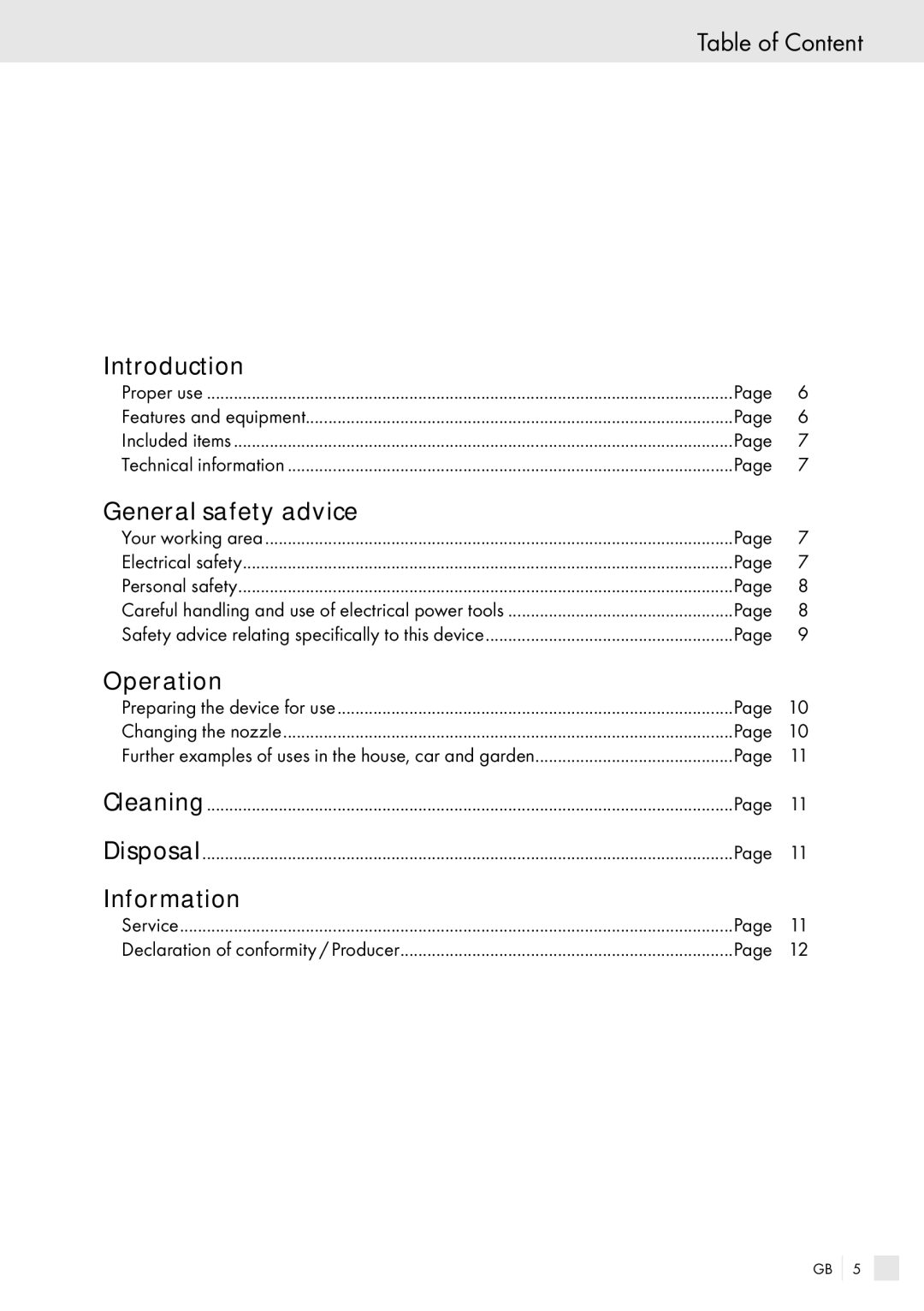 Bench PHLG600 manual Table of Content, Introduction, General safety advice, Operation, Information 