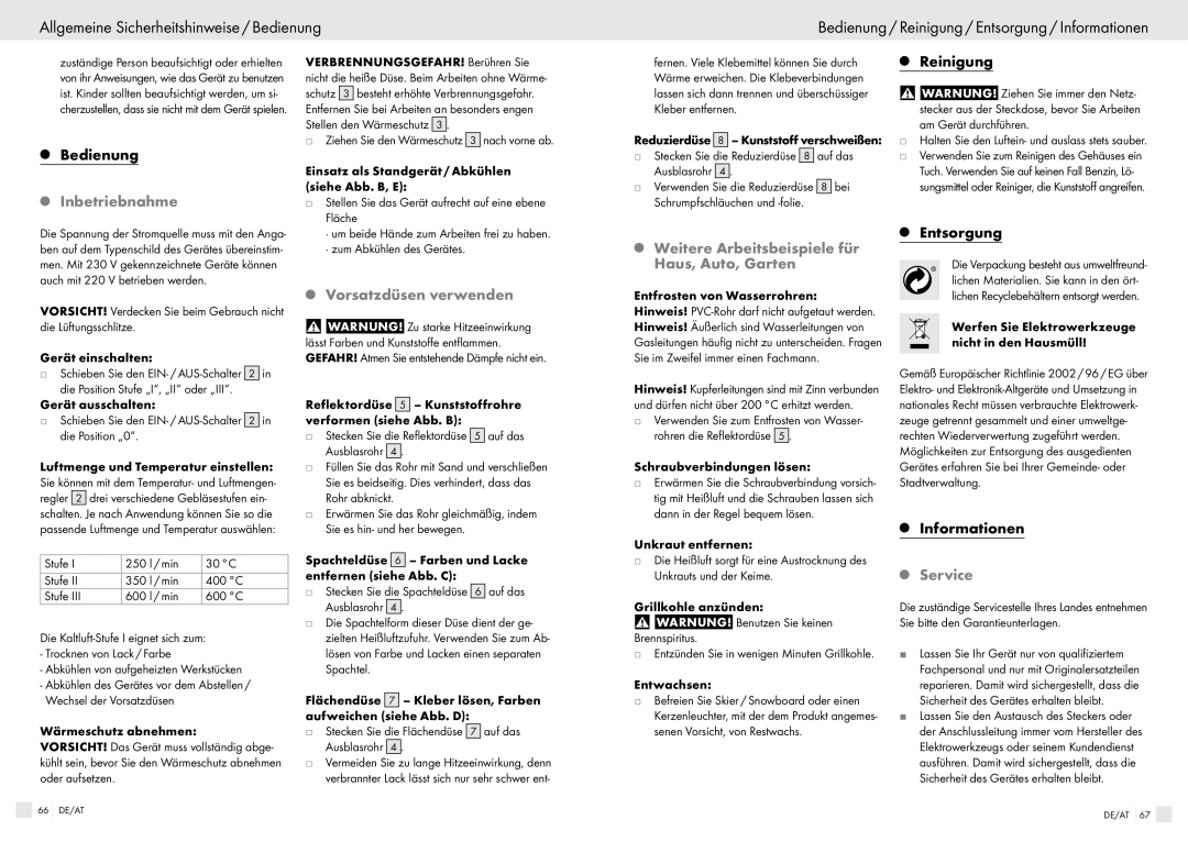 Bench PHLG600 manual Inbetriebnahme, Reinigung, Vorsatzdüsen verwenden, Weitere Arbeitsbeispiele für Haus, Auto, Garten 